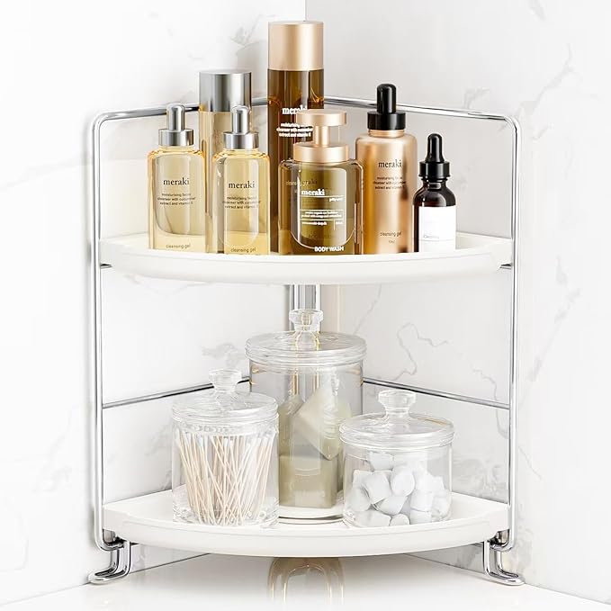 FSyueyun 2-Tier Corner Bathroom Counter Organizer, Tool-Less Installation Vanity Shelf Small Plastics Countertop Makeup Tray Skincare Perfume Organizers (Silver)