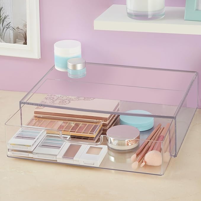 STORi STAX Plastic Stackable Organizer Drawer in Clear | 12.5-inches Wide | Organize Office Desk Accessories and Sort Letter-Size Paper | Made in USA