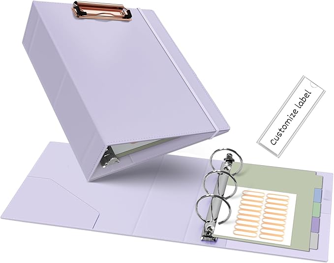 Ospelelf Mini Binder 2 Inch Small 3 Ring Vintage Leather Clipboard 5.5" x 8.5", Professional Binder Organizer Dividers with Tabs, Purple