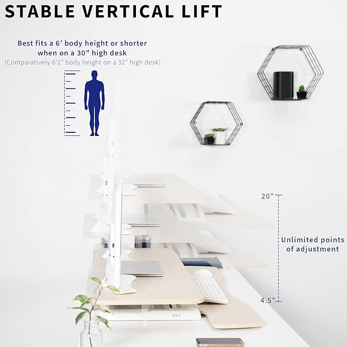 VIVO 42 inch Desk Converter, K Series, Height Adjustable Sit to Stand Riser, Dual Monitor and Laptop Workstation with Wide Keyboard Tray, Light Wood Top, White Frame, DESK-V042KF