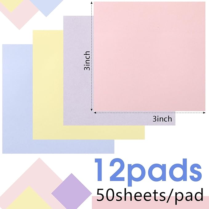 Thenshop 12 Pads Pastel Sticky Notes 3''x3'', Self Stick Notes Pads Pastel Office Supplies, Vintage Aesthetic School Accessories 50 Sheets/pad