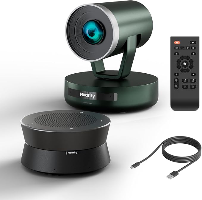 NEARITY Conference Room Camera System, 10X Hybrid Zoom Camera, Noise Reduction, All-in-One for Video and Audio Conferencing, 2K PTZ Webcam | USB Conference Speakerphone Microphone for up to 323ft²