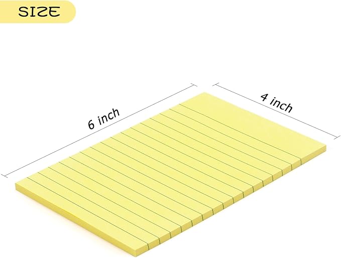 Early Buy 6 Pads Lined Sticky Notes with Lines 4x6 Self-Stick Notes Bright Color Sticky Notes, 45 Sheets/Pad (Yellow)
