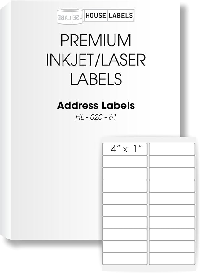 HOUSELABELS 20-up Shipping Labels (4" x 1") for Laser and Inkjet Printers, 400 Sheets