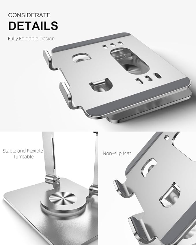 Tablet Stand Holder with Thickened 360°Rotating Base Dual Rod Adjustable Aluminum Stand for All 5.8-12.9” iPad Samsung Phone Tablet Kindle E-Reader and More, Silver