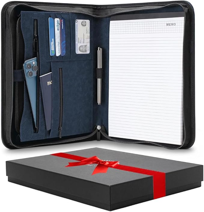 Forevermore Portfolios Padfolio Binder - Professional Faux Leather Travel Organizer Pouch for Tablet, Documents, Presentation Folders, Zipper Closure, Notepad - Blue