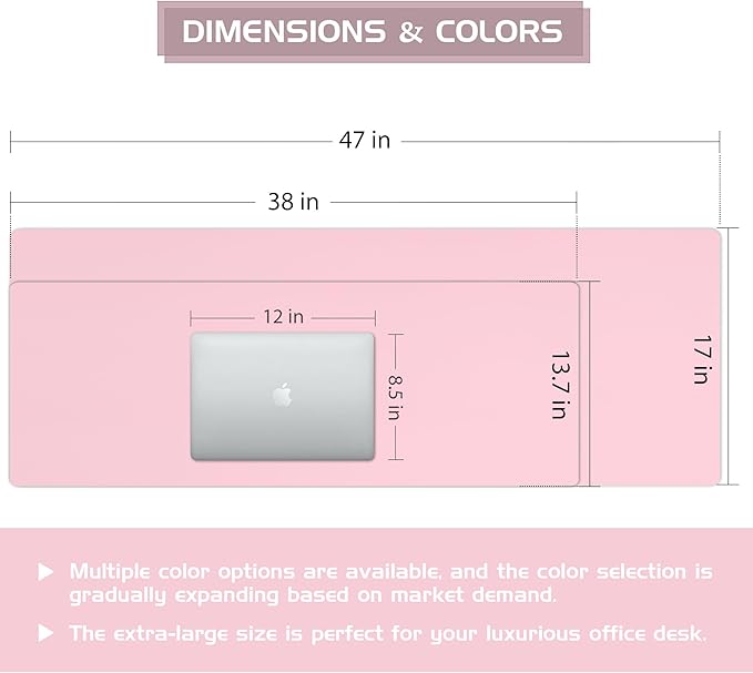 Aothia Leather Desk Pad Protector - Large Mouse Pad, Office Desk Mat, Non-Slip PU Leather Desk Blotter, Laptop Desk Pad, Waterproof Desk Writing Pad for Office and Home (Pink, 38" x 13.7")
