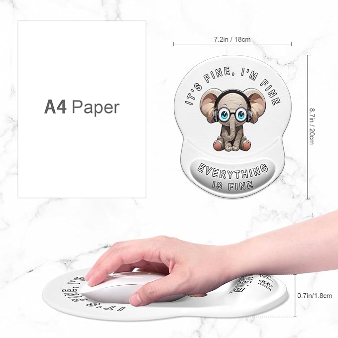 ITNRSIIET Ergonomic Mouse Pad with Gel Wrist Support Small Wrist Rest Smooth Surface Non-Slip PU Base Comfortable Office Supplies Pain Relief, 8.7 x 7.2 inches, Pretty Fine Elephant White