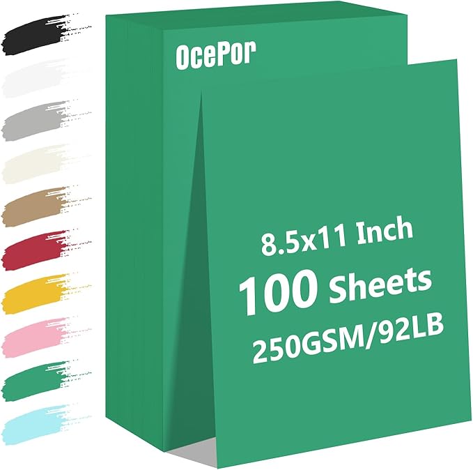 OcePor 100 Sheets Christmas Green Cardstock Paper, Colored Printer Paper 8.5 x 11, Card Stock Thick Construction for Craft,Scrapbook，Office Printing, Invitations, Certificates，92 lb/250gsm