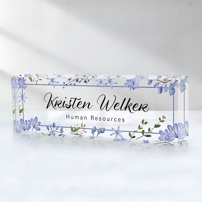 Desk Name Plate Personalized, Custom Name Plate for Desk, Office Desk Decor for Women Men, Acrylic Desk Accessories, Office Gifts for Coworkers Boss Teacher, Employee Appreciation Gifts (Blue Folwers)
