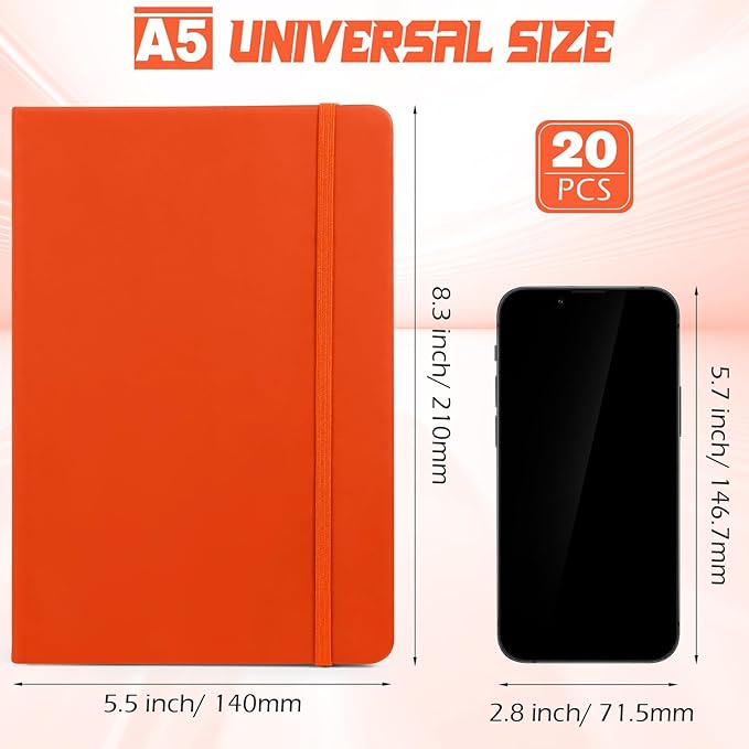 Honoson 20 Pack Lined Journal Notebooks A5 Hardcover Executive Notebook 5.5" x 8.3" PU Leather Wide Ruled Journals Bulk with Elastic Band for Home Business Office School Supplies(Orange)