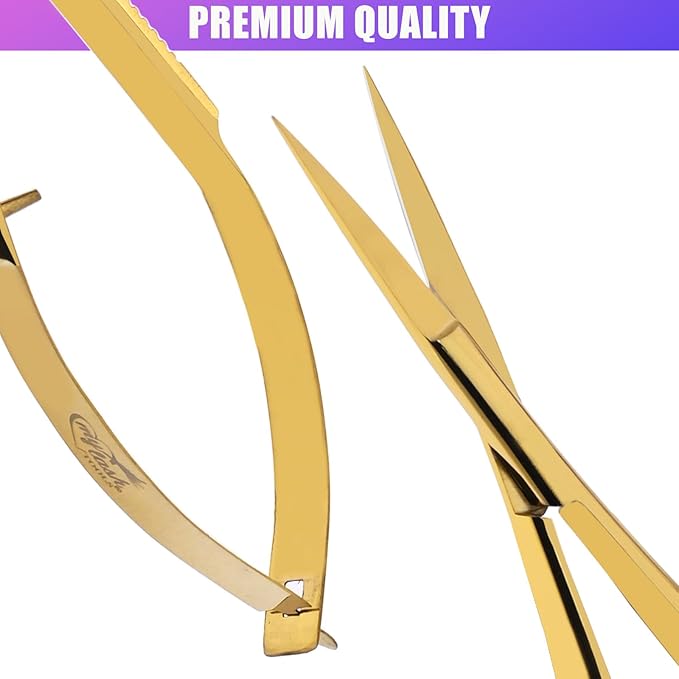 Cross Edge Spring Scissors 5 Inch straight Stainless Steel Precision Eyebrow & Eyelash Shaping & Trimming Scissor, Snips Squeeze, Embroidery, Knitting Micro Tip Craft Scissors (Gold)