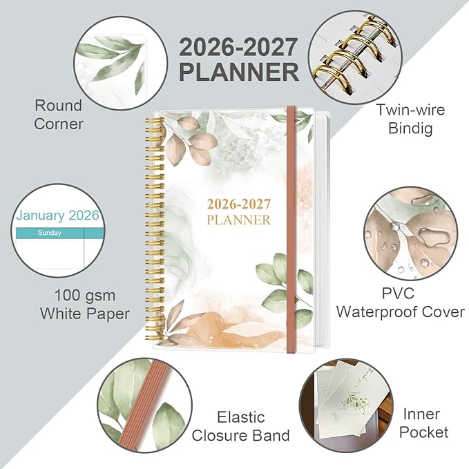 2026-2027 Planner - 18 Months Weekly & Monthly Planner from January 2026 - June 2027, Spiral Planners 2026-2027 with Elastic Closure, Inner Pocket, Medium 5.8" x 8.3", Rose Leaf