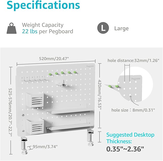 PEGZONE Clamp-on Desk Pegboard, Desk Organizer for Office Gaming Home, Magnetic Metal Peg Board with 15 Accessories, Privacy Panel for Office, 20.4" x 16.5", Large, White