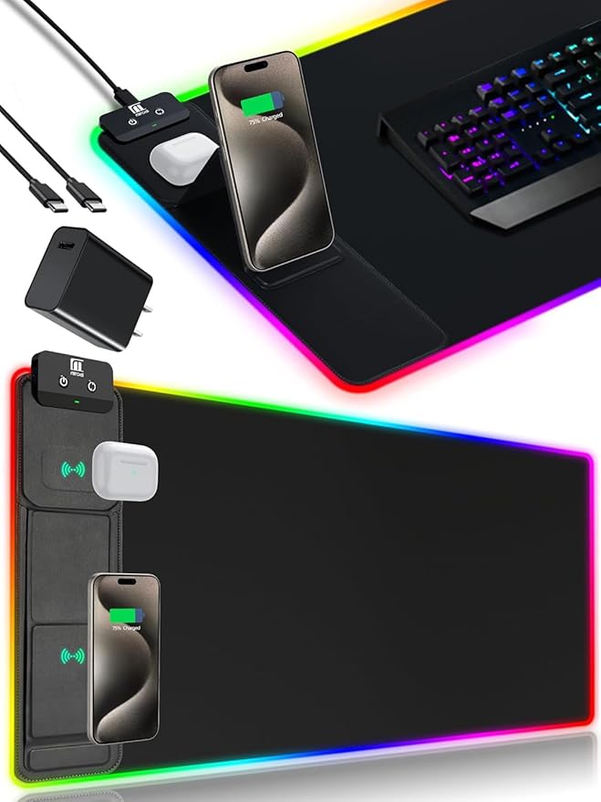 XXL Mouse Pad with Phone Holder, RGB Desk Mat with 15W Fast Charging, LED Large Gaming Mouse Pad with 11 Lights Colors, Long Mouse Pads, Waterproof Non-Slip Desk Pad for Gamer Esports Pros