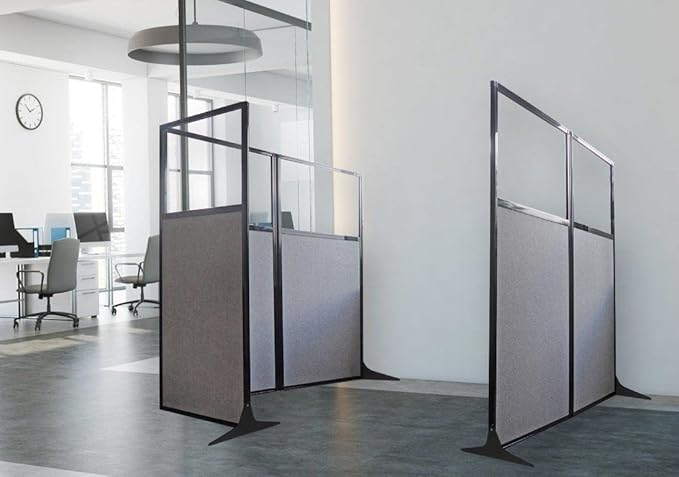 Versare Workstation Partition | Portable Wall Divider | Modern Office Cubicle | Free Standing Privacy Screen | Flexible Work Space | 66" x 70" Gray Elm Wood Grain Panels with Clear Window