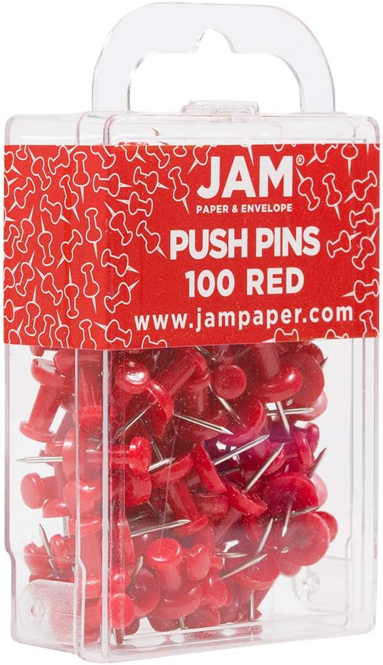 JAM PAPER Colorful Push Pins - Red Pushpins - 100/Pack