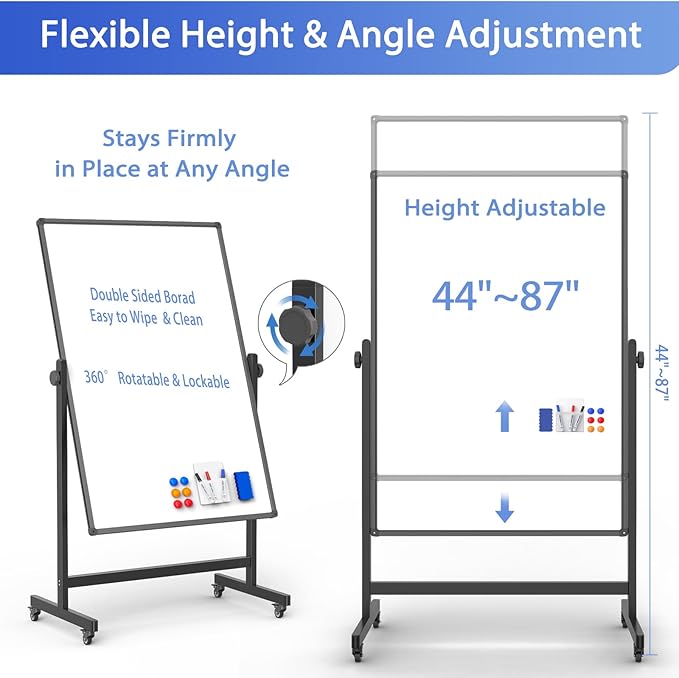 Rolling Whiteboard on Wheels, Double-Sided Magnetic Dry Erase Board with Stand, Mobile White Board for Office, Classroom, Home (32" x 48")