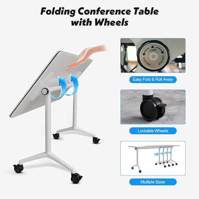 Goakwwuz Conference Room Table, Folding Conference Tables,Thicken Grey Tabletop,Flip Top Wooden Seminar Meeting Room Table for Conference Room Offices (6, White, 61.0“)