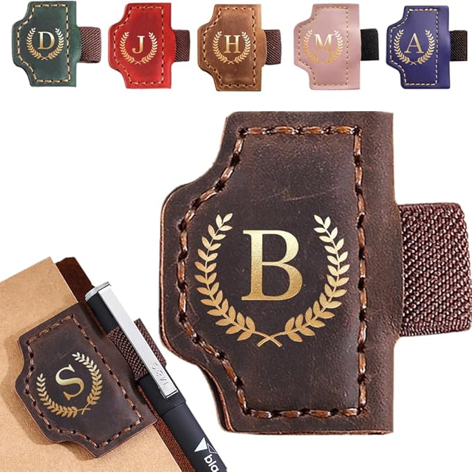 Personalized Mark Bookmark with Pen Holder, Leather Magnetic Book Marker 26 Letters,Custom Initials Page Marks, Gifts for Book Lovers Readers Men Women (Coffee, B)