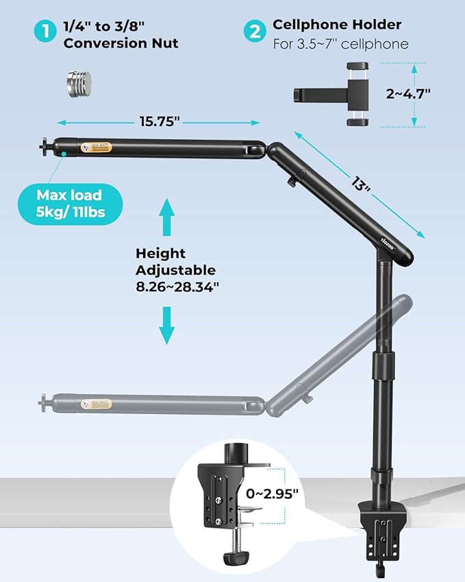 Viozon Overhead Camera Mount, Overhead Phone Stand, Flexible Aluminum Alloy Spring Arm with 360° Ball Head,1/4"&3/8" Interface for DSLR Camera/Rrojector/Microphone/Ring Light/Webcam/Phone
