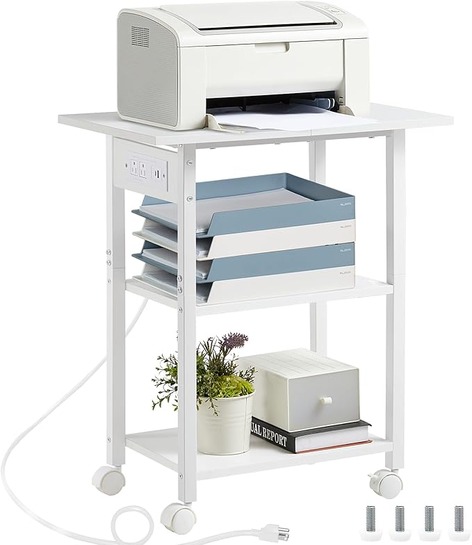 Lerliuo 3-Tier Printer Stand with Charging Station, Industrial Mobile Printer Table with Storage Shelf and Steel Frame, Rolling Printer Cart Holder with Lockable Wheels for Home, Office (White)
