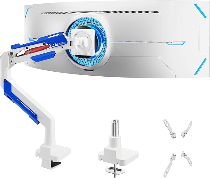 ARES WING Heavy Duty Single Monitor Arm - Gas Spring Aluminum Monitor Mount for 24"-57" Ultrawide Screens up to 66 lbs with Clamp/Grommet Desk Mount, 75/100/200 Vesa Mount, White