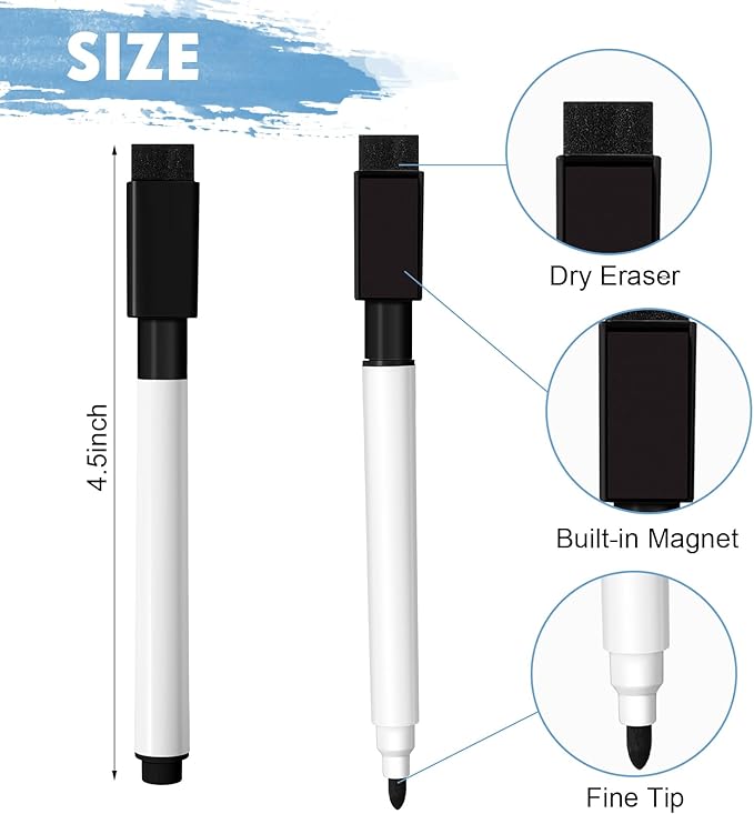 Kosiz 200 Pcs Magnetic Dry Erase Markers Fine Point Tip Whiteboard Markers with Eraser Cap Magnetic Dry Erase Pens Erasable Pens for Whiteboard Dry Boards(Black)