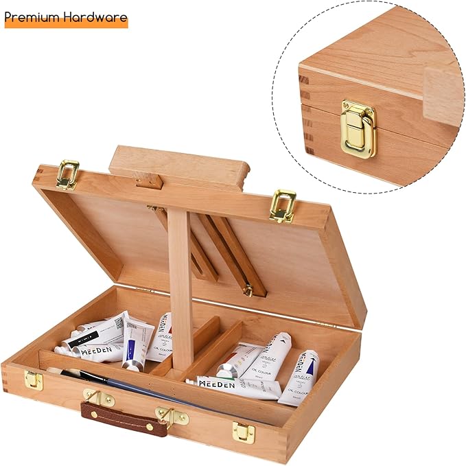 MEEDEN Tabletop Easel for Painting, Art Sketchbox Easel Holds Canvas up to 28'' Max, Adjustable Beechwood Artist Easel Pochade Box for Drawing and Sketching