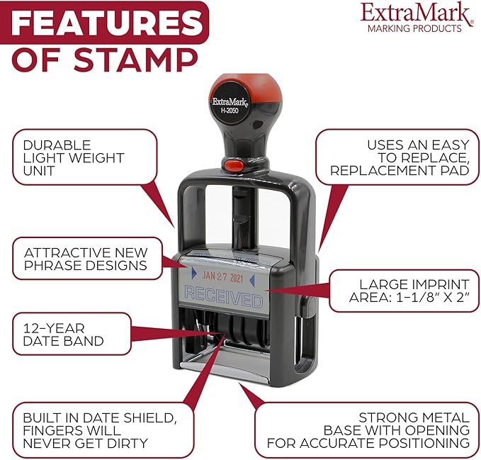 Heavy Duty Style Office Date Stamp with Denied - Self Inking Dater - Style C - Red Ink Color