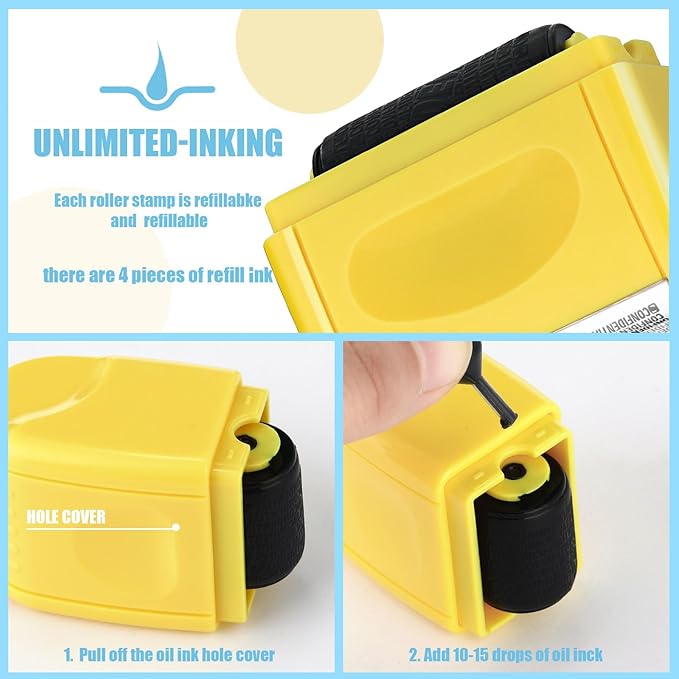Nezyo 2 Pack Identity Protection Roller Stamp Identity Theft, Confidential, Privacy Roller Stamp Information Blocker and 4 Pack Refill Ink for ID Account Data Address Security(Yellow)