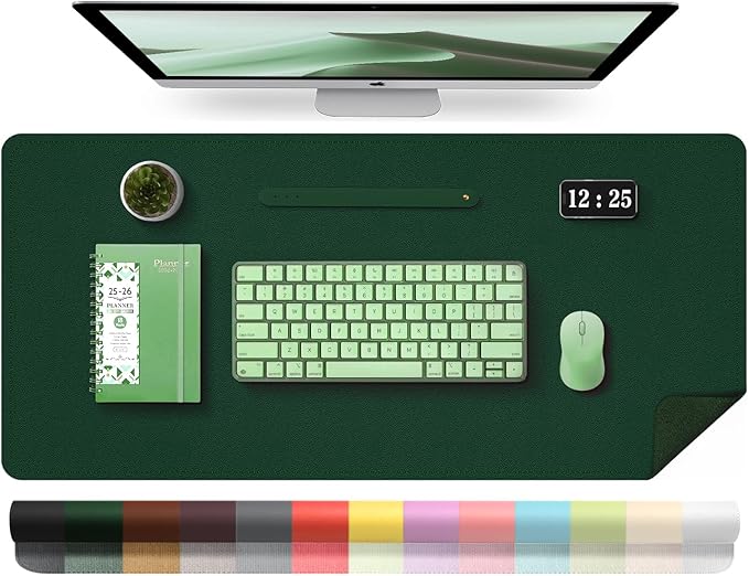 Leather Desk Pad Protector, 39.4'' X 17'' Large Mouse Pad, Office Desk Mat, Non-Slip PU Leather & Suede Base Desk Blotter, Laptop Desk Pad, Desktop Mat for Office Home, Blackish Green