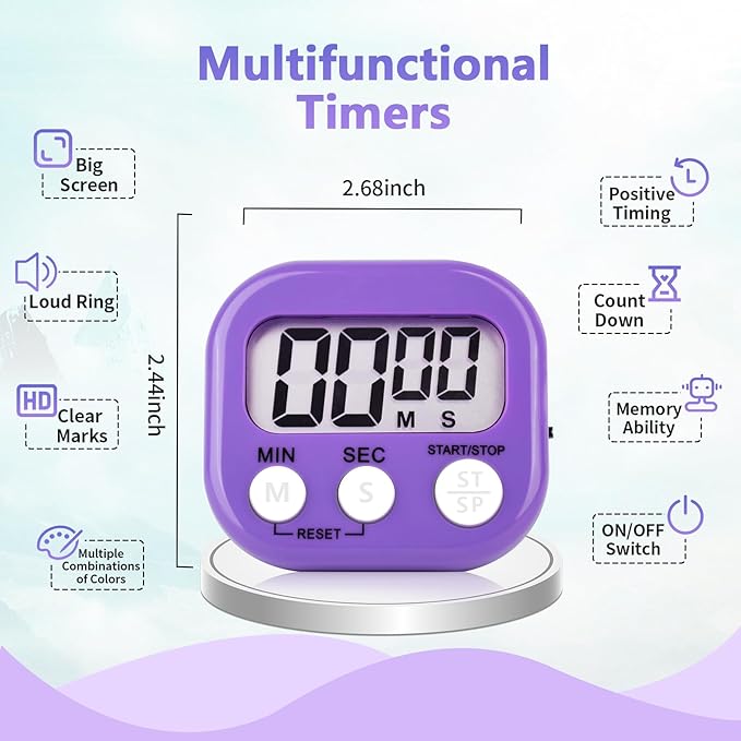 2 Pack Purple Digital Kitchen Timer Magnetic Digital Timer with Big Display Loud Ring Cooking Timers for Kitchen Electronic Timers for Cooking, Game, Gym, Break Time, Classroom (2, Purple)