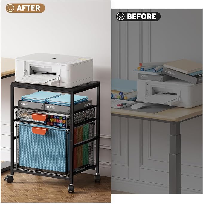 Marbrasse Rolling File Cart with Handle, Mobile File Cabinet on Lockable Wheels, Office Filing Cabinet Organizer, Printer Stand with Hanging File Folder Organizer for Home Office - Dark Brown