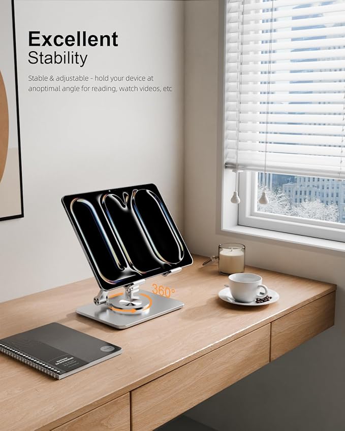 Tablet Stand Holder with Thickened 360°Rotating Base Dual Rod Adjustable Aluminum Stand for All 5.8-12.9” iPad Samsung Phone Tablet Kindle E-Reader and More, Silver