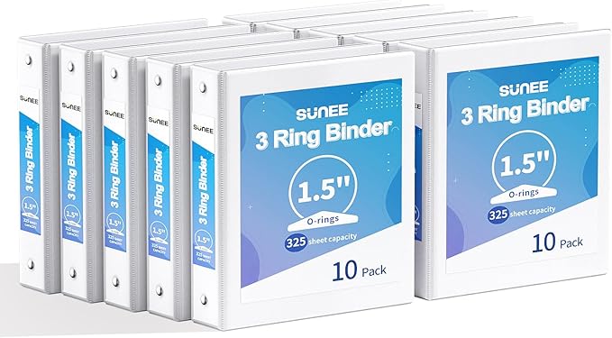 SUNEE 3 Ring Binders 1.5 Inch 10 Pack, Clear View Binders Three Ring PVC-Free (Fit 8.5x11 Inches) for School or Office Supplies, White