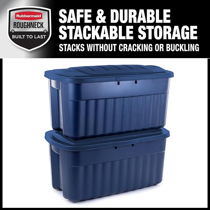 Rubbermaid Roughneck Tote 40 Gal, 2 Pack, Made in USA, Dark Indigo Metallic, Rugged Plastic Stackable Storage Bins with Lids and Handles