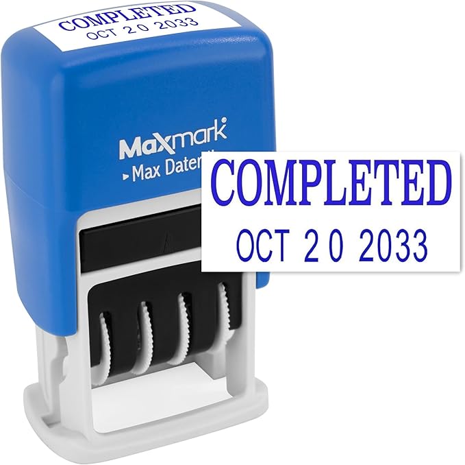 MaxMark Self-Inking Rubber Date Office Stamp with Completed Phrase & Date - Blue Ink (Max Dater II), 12-Year Band