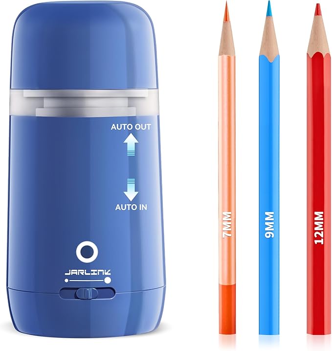 JARLINK Automatic Electric Pencil Sharpener - Hands-Free Operation, 3 Sharpness Modes, 3-Second Sharpening, Rechargeable & Portable for 7-12mm Pencils, Ideal for Classroom and Home Use (Blue)