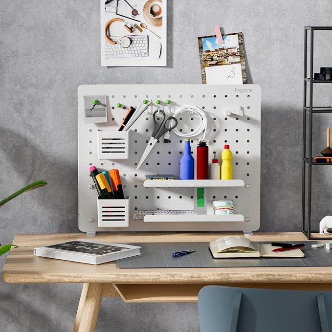 PEGZONE Clamp-on Desk Pegboard, Desk Organizer for Office Gaming Home, Magnetic Metal Peg Board with 15 Accessories, Privacy Panel for Office, 20.4" x 16.5", Large, White