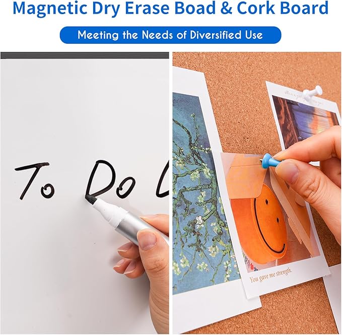 Magnetic White Board and Cork Board Combo, 36 X 24 inches Whiteboard Bulletin Combination Board, Wall Mounted Dry Erase Message Board for Home, School and Office, Black