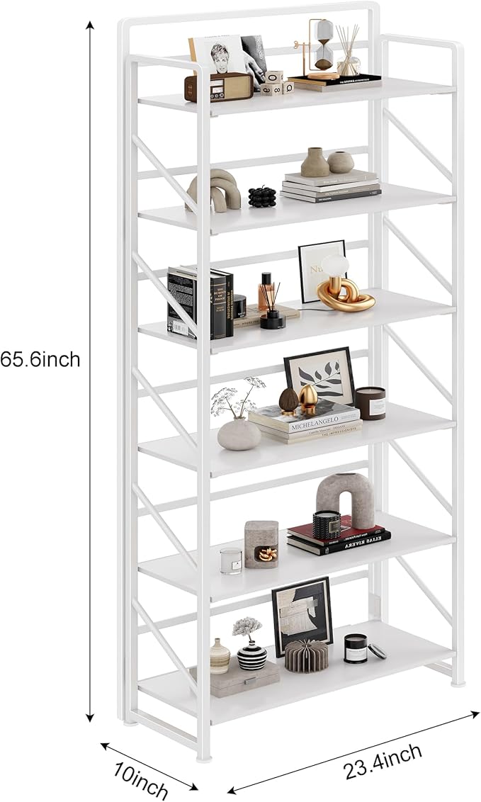 JSB No Assembly Folding Bookshelf, 6 Tier Industrial Metal Book Shelf for Storage, Vintage Wood Foldable Bookcase for Living Room, Bedroom, Office Organization Shelves