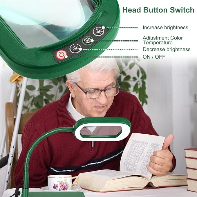 Veemagni 10X Rectangle Magnifying Glass with Light and Stand, Flexible Gooseneck LED Lighted Desk Lamp, 5 Color Modes Stepless Dimmable, Hands Free Magnifier for Reading Painting Close Work - Green