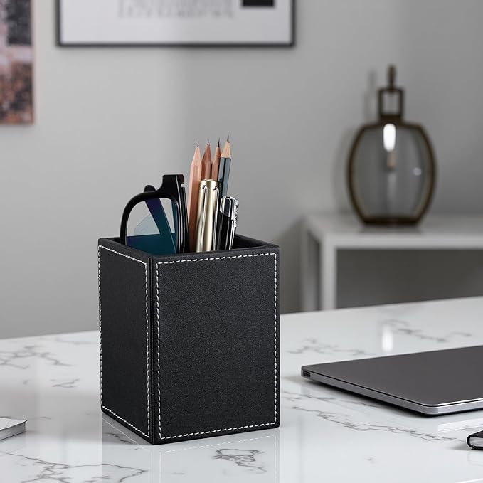 KINGFOM PU Leather Square Pens Pencils Holder Cup Desktop Stationery Organizer Case Office Accessories Container Box (black)