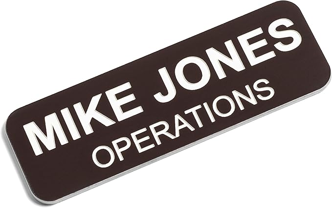 Custom Engraved Name Tag Badges – Personalized Identification with Pin or Magnetic Backing, 1 Inch x 3 Inches, Dark Brown/White