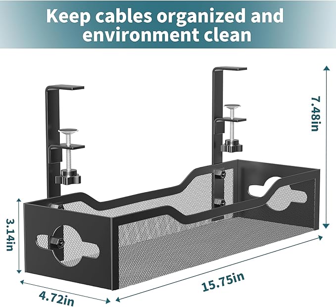 Under Desk Cable Management Tray Black, Litwaro Cable Management Under Desk No Drill, Cable Organizer with Clamp for Wire Management, Cord Organizer No Damage to Desk for Office, Home