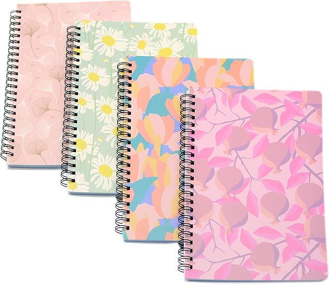 Yansanido Spiral Notebook, 4 Pcs A5 Thick Leaves Design Hardcover 8mm Ruled 4 Color 80 Sheets -160 Pages Journals for Study and Notes (Leaves)