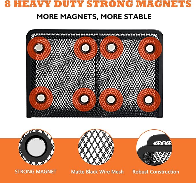 Ameceres Magnetic Pencil Holder - Extra Strong Magnets Mesh Marker Holder Perfect for Whiteboard, Refrigerator and Locker Accessories (2 Baskets, 1 Pack Black)
