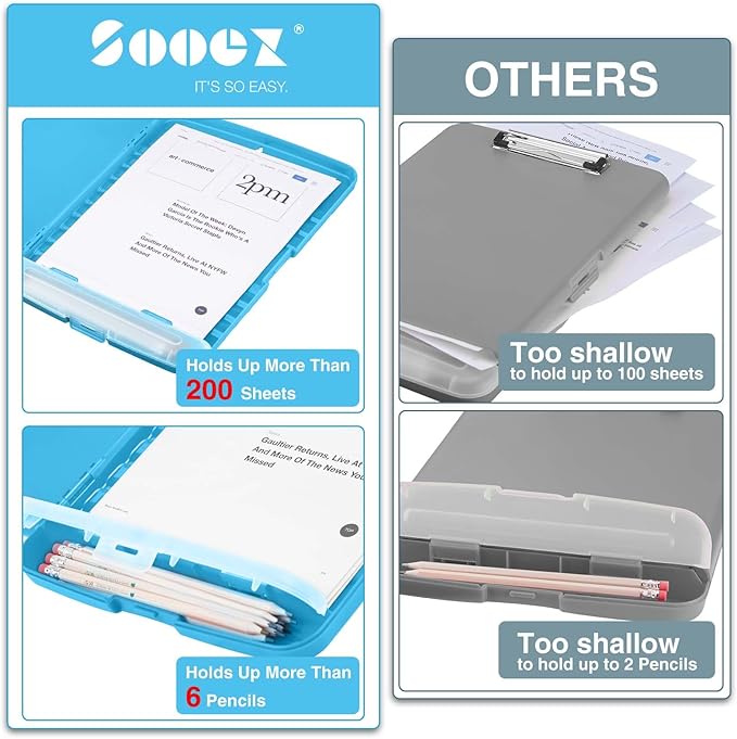 Sooez Clipboard with Storage, High Capacity Nursing Clip Board 8.5 x 11 with Pen Holder & Low Profile Clip, Plastic Clipboards Case Box, Teacher Must Haves School Office Supplies,Letter Size/ A4
