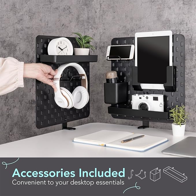 EHO Clamp-On Desk Pegboard, 2Pack (Combined Size 27 x 14 inch) Privacy Divider, Desk Partition Panel, No-Drill Desk Mounted Peg Board Organizer for Office, Gaming, Home, Black
